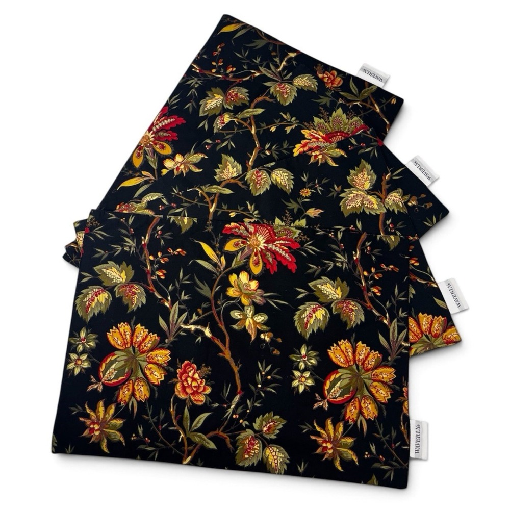 Waverly Felicite Noir Fabric Placemats SET OF 4 Black Floral Jacobean Yellow Red